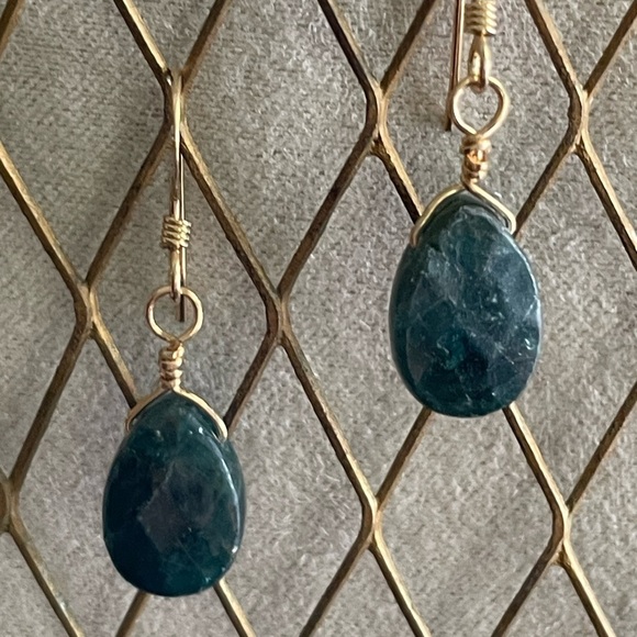 Natural Apatite Teardrop Earrings –Sterling Silver Wire Wrapped–Handmade Dangles - Picture 1 of 8